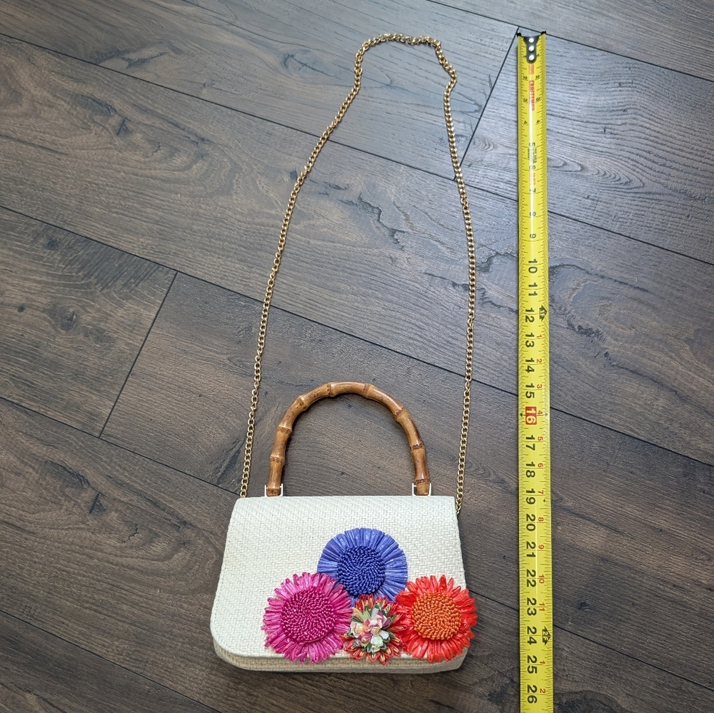 Haute Hippie White Woven Top-Handle Bag with Pink, Blue & Red Floral Appliqués - Picture 4 of 11